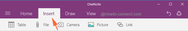 Insert tab of OneNote app in Windows 10