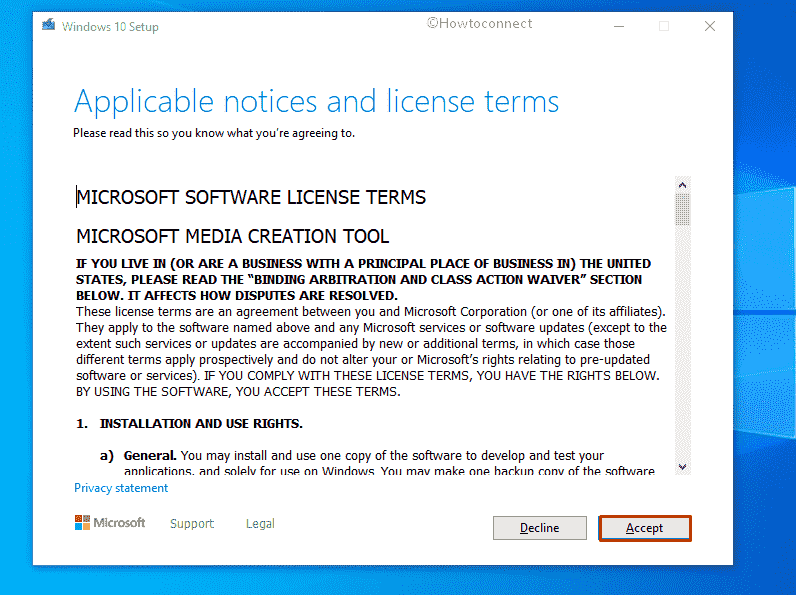 Install Windows 10 21H1 - Accept terms and condition