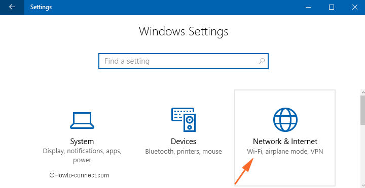 Internet & Network category in Settings program in Windows 10