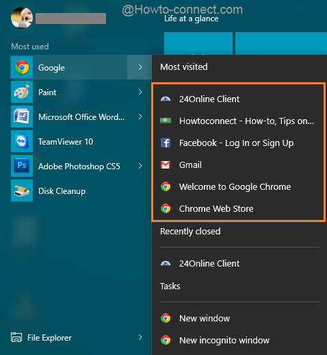 Jump Lists of Chrome enlists the lately opened webpages on Windows 10 Start Menu