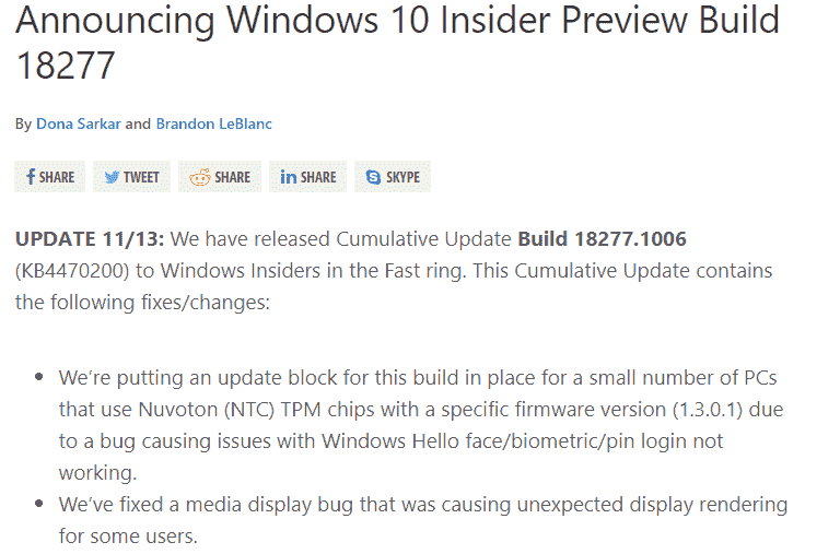 KB4470200 Windows 10 Cumulative Update Build 18277.1006