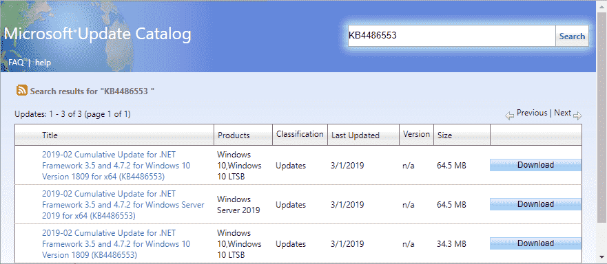 KB4486553 for Windows 10 1809 .Net Framework 4.7.2 and 3.5