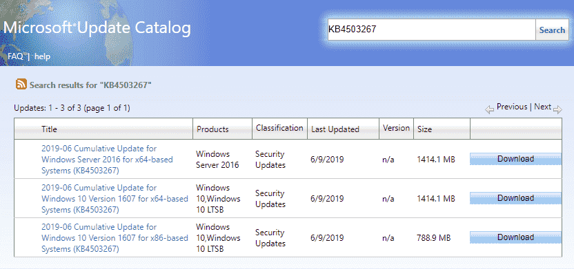 KB4503267, KB4503279 for Windows 10 1607, 1703 - 11 June 2019