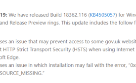 KB4505057 Windows 10 18362.116 to Fix HSTS Issue for gov.uk Websites
