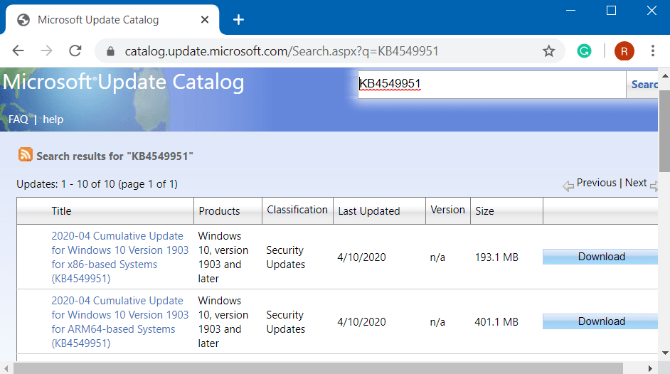 KB4549951 Windows 10 1909 and 1903 Update Pic 1