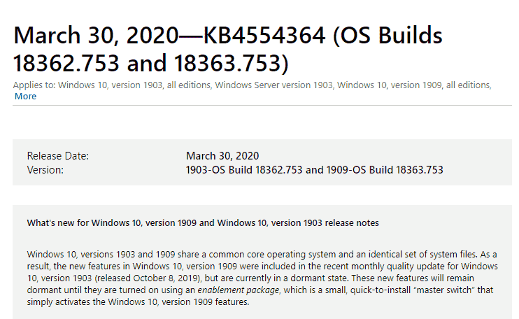 KB4554364 Windows 10 1909