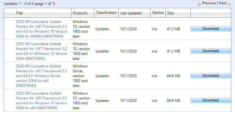KB4576945 .NET Framework 4.8, 3.5 Windows 10 2004