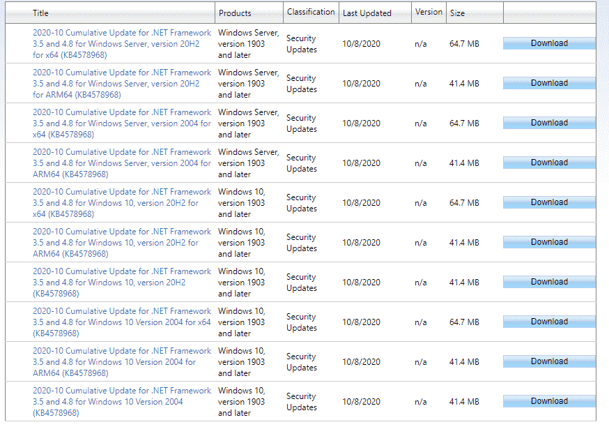 KB4578968 .NET Framework 4.8, 3.5 Windows 10 2004 update