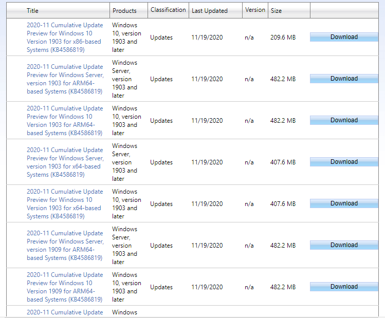 KB4586819 Preview for Windows 10 1909 and 1903