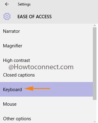 Keyboard segment under the Ease of Access category