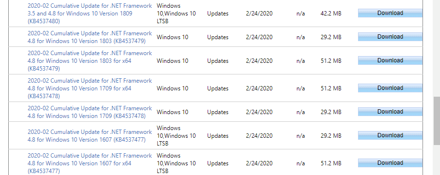 List of .Net Framework Update 25 February 2020