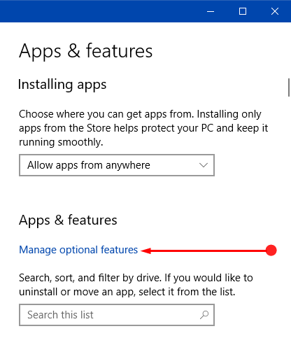 Manage Optional Features on Windows 10 Image 2