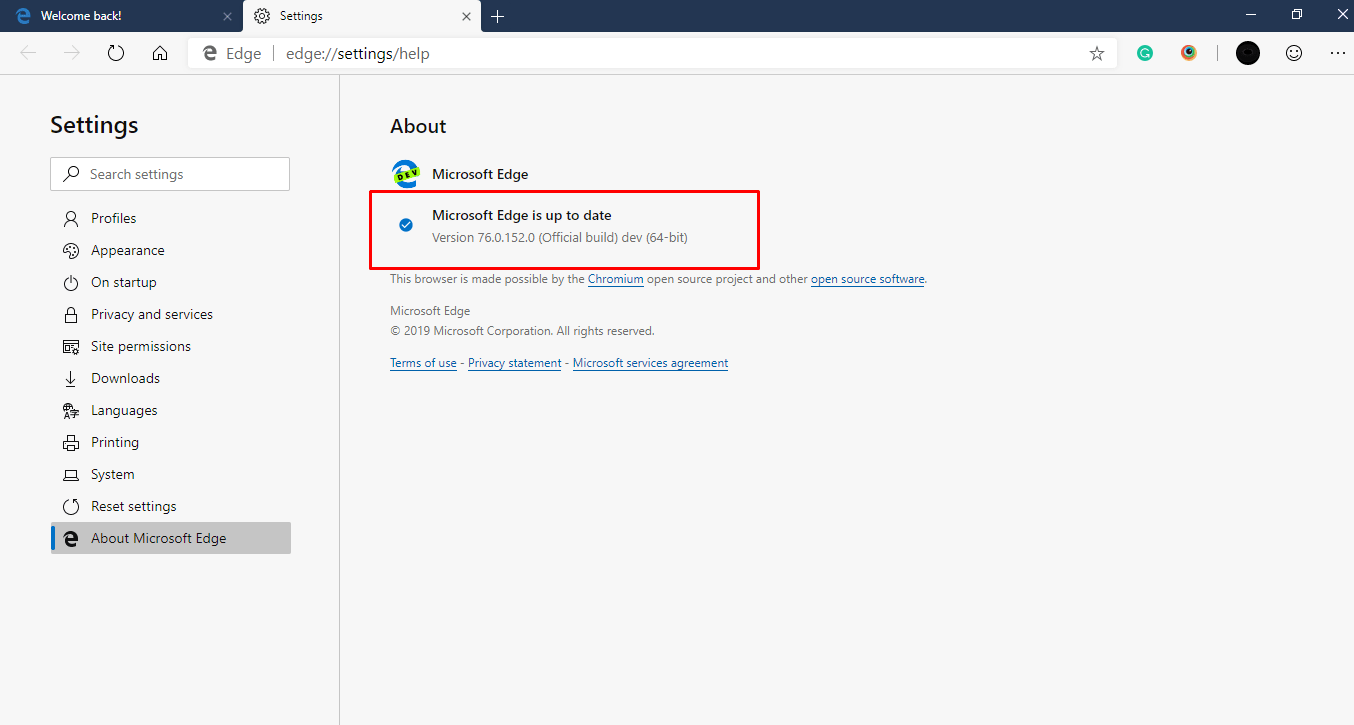Microsoft Edge Dev Update 76.0.152.0