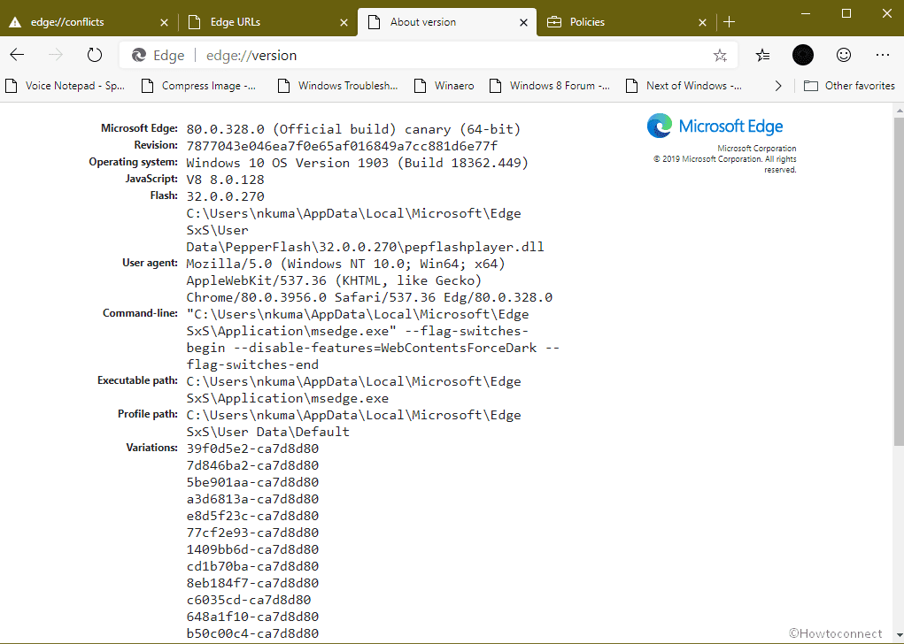 Microsoft Edge Hidden URLs about version