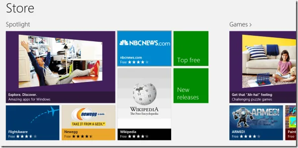 microsoft Store screen in windows 8