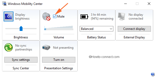 Mobility Center displays Mute checkbox to Mute Windows 10 PC