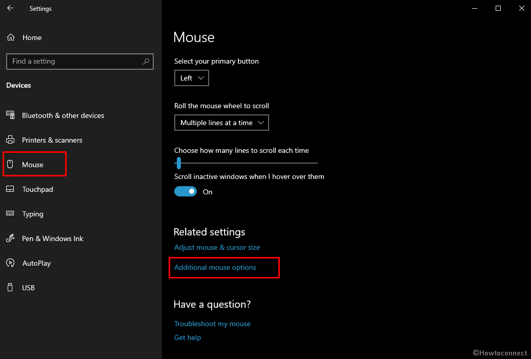Mouse in devices settings