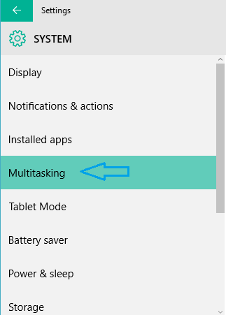 Multitasking settings in System category on windows 10