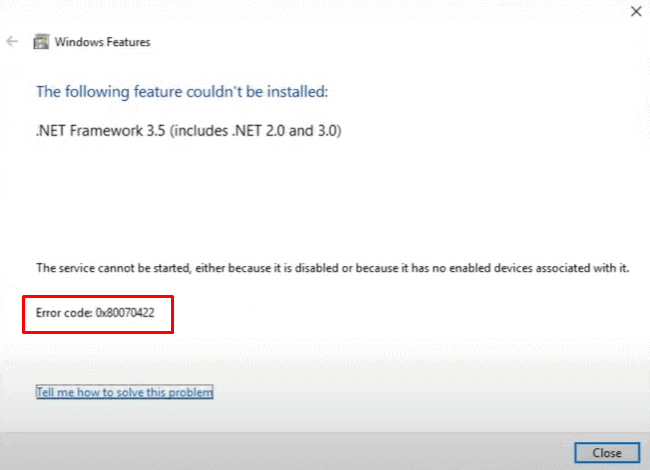 Net framework 3.5 Installation Error 0x80070422