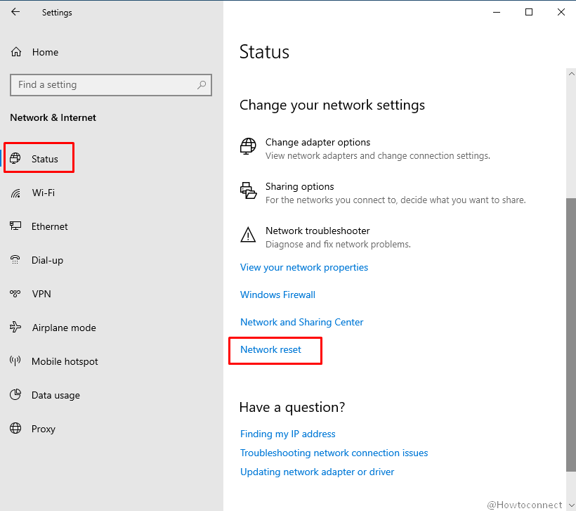 Network Adapter reset in the Settings app
