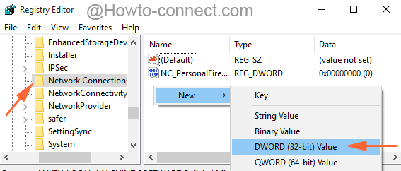 New DWORD Value at Network Connections key in Registry Editor