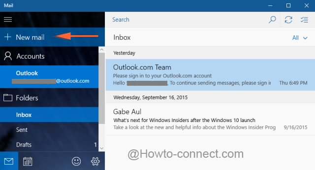 New Mail button of Windows 10 Mail app