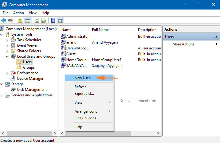 New User menu in Users Folder to Create Local User Account in windows 10