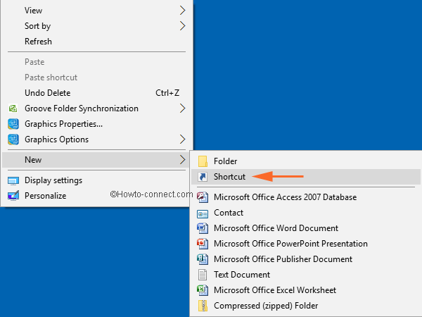 New followed by Shortcut in right click context menu