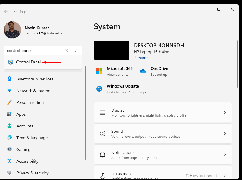 Open Control Panel in Windows 11 using Settings