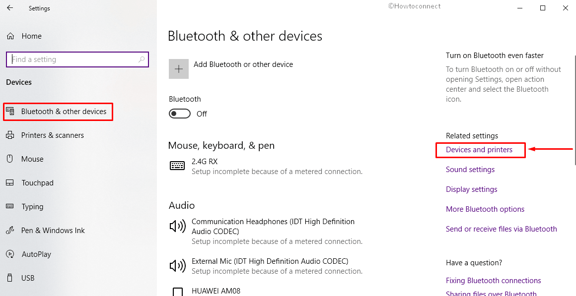 Open Devices and Printers - using Windows Settings