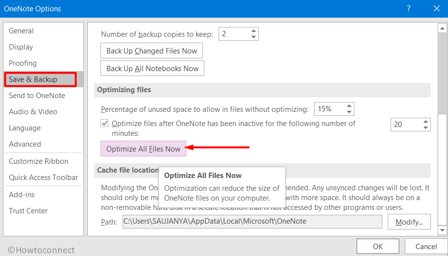 onenote add ins view file sizes