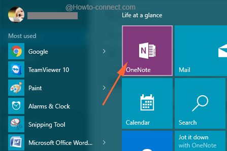Outspread Start Menu to see OneNote app in Windows 10
