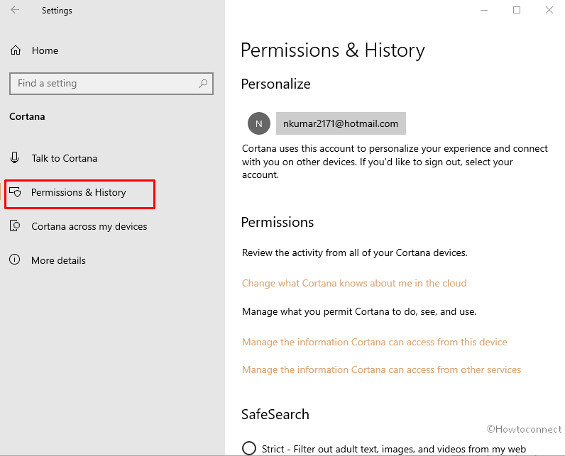 Permissions and history cortana Windows 10 October 2018 Update