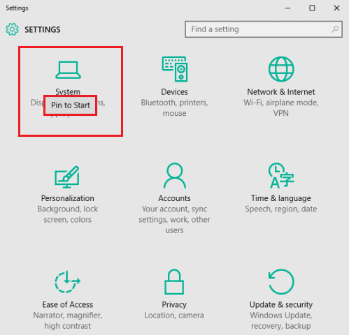 Pin settings category to the Start Pin Settings App Categories to Start in Windows 10