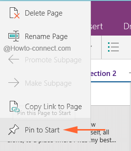 Pin to start option to pin the notebook to start in Windows 10 OneNote app