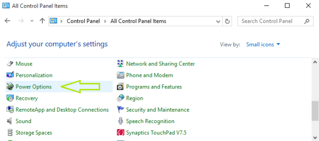 Power Options small icon view in Control Panel