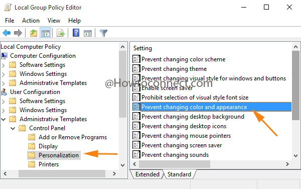 settings for Stop Changing Color and Appearance in Windows 10 in group policy editor on Windows 10