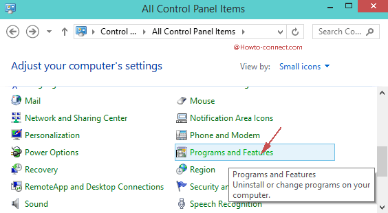 Programs and Features shown in Small Icons view