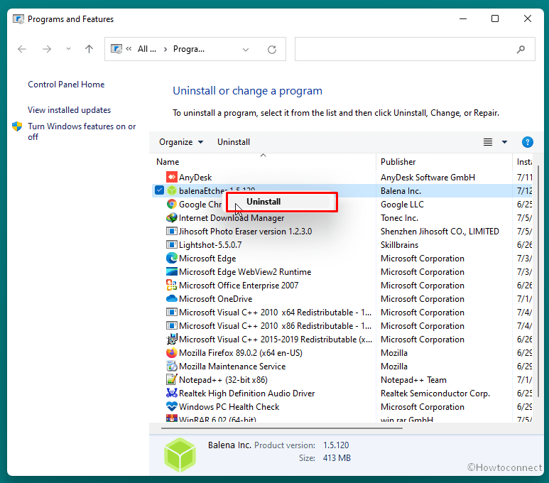 Programs and Features uninstall windows 11