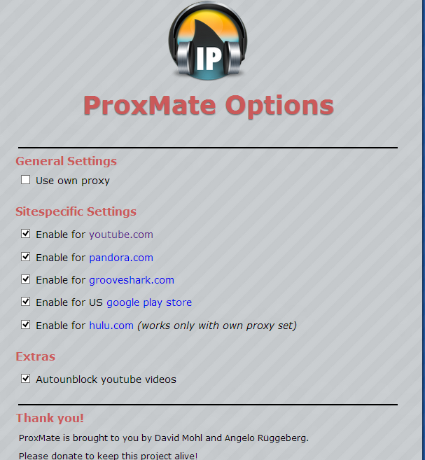 proxMate extension options screen