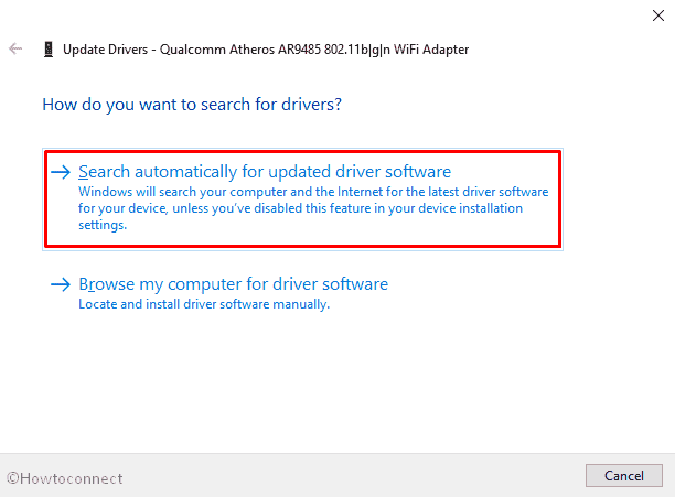Qualcomm WiFi Adapter Issue in Windows 10 1909-choose Search automatically for updated driver software