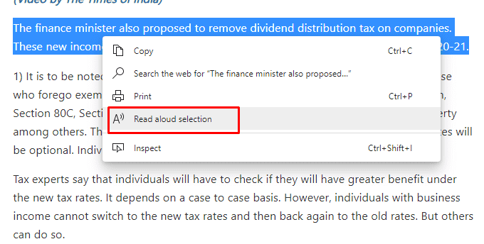 Read aloud option for selected text