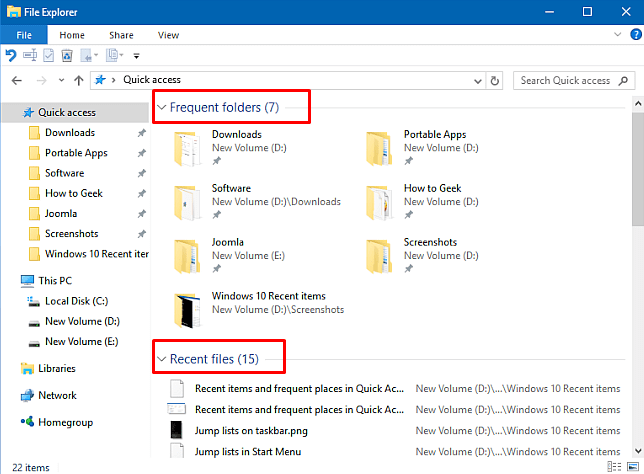 Recent, Frequent from File Explorer