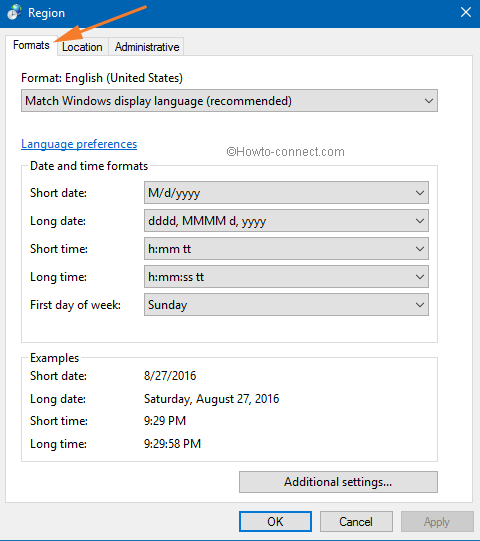 Region dialog box Formats tab