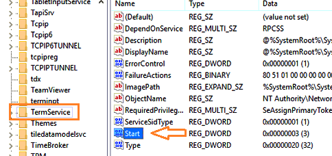 Registry Editor start, stop, disable services