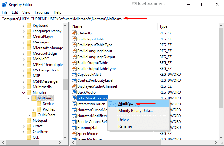 Registry key to Enable Narrator Announce Modifier Keys as Typed in Windows 10-min
