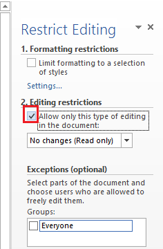 restricted editing in word 2013