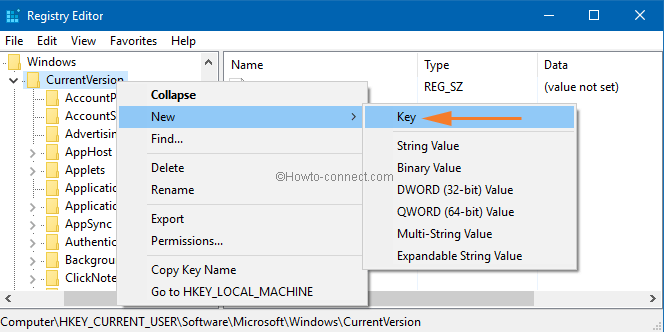 Right click Current Version key New Key
