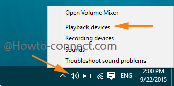 Right click Speaker icon displays options, choose Playback devices