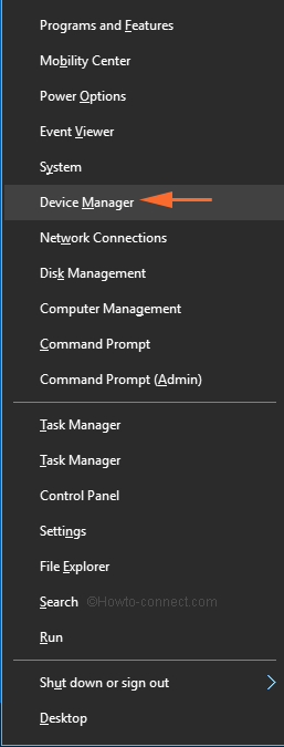 Right click Start Menu to choose Device Manager in Windows 10